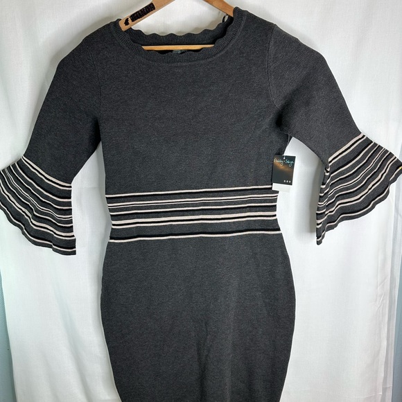 Gabby Skye Sweater Dress Womens Graphite Sz L 3/4 Sleeve Flare Cuff Knit NEW Q7 - Picture 2 of 8